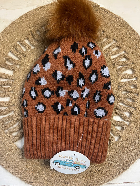 Leopard Beanie With Removable Pom Pom