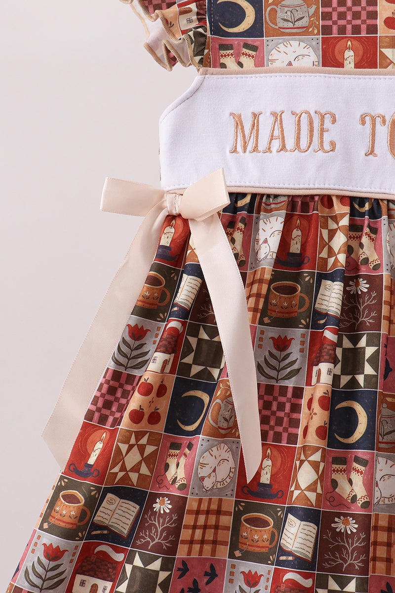 Brown Made to Worship Embroidery Ruffle Dress