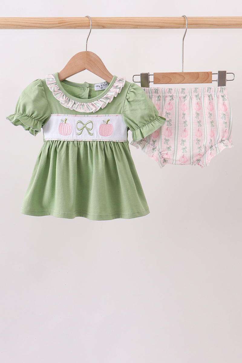 Sage Pumpkin Bow Embroidery Bloomer Set