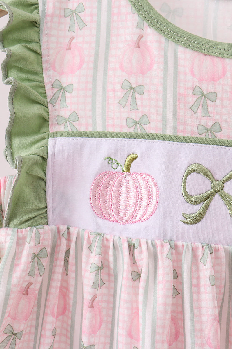 Sage Pumpkin Bow Embroidery Ruffle Pants Set