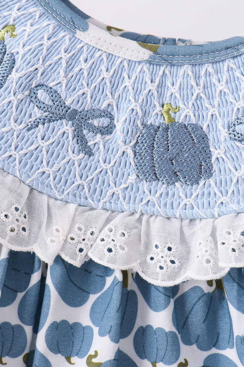 Blue pumpkin bow smocked lace ruffle pants set