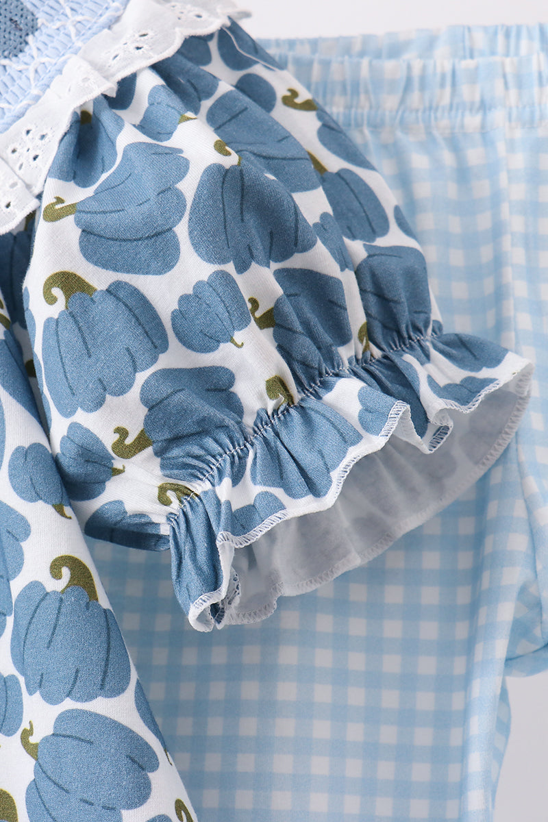 Blue pumpkin bow smocked lace ruffle pants set