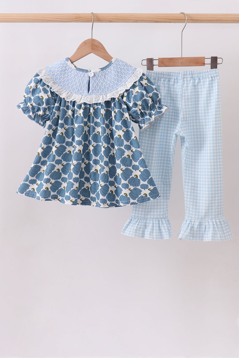 Blue pumpkin bow smocked lace ruffle pants set
