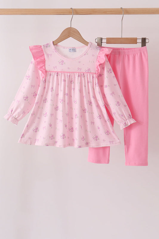 Pink floral bow ruffle pants set