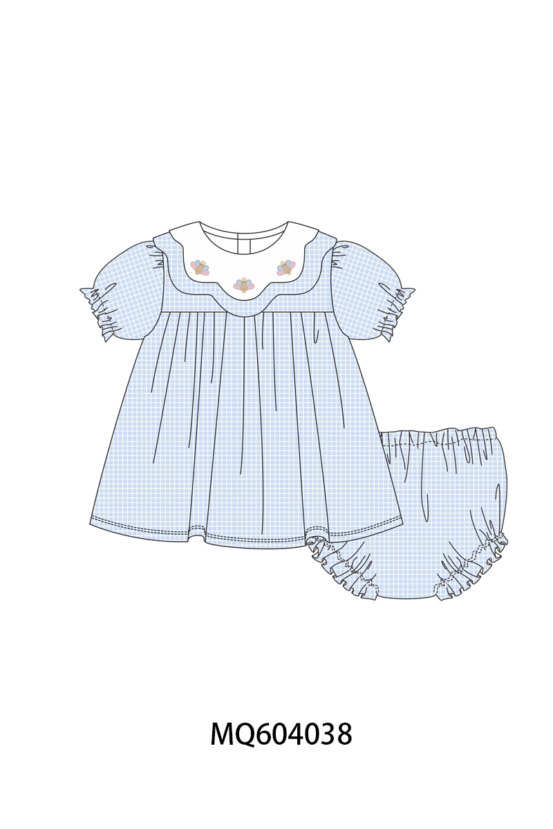 Blue turkey embroidery checkered bloomer set