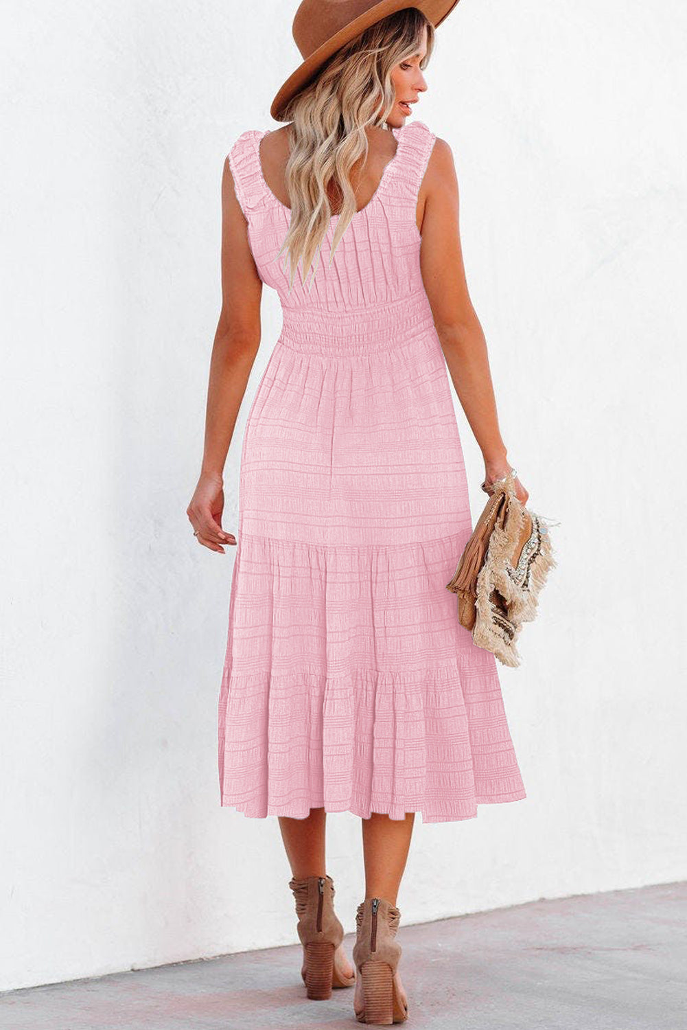Green Shirred Pleated Square Neck Sleeveless Midi Dress