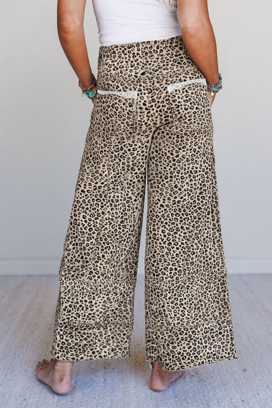 Khaki Animal Print Wide Leg Terry Knit Pants