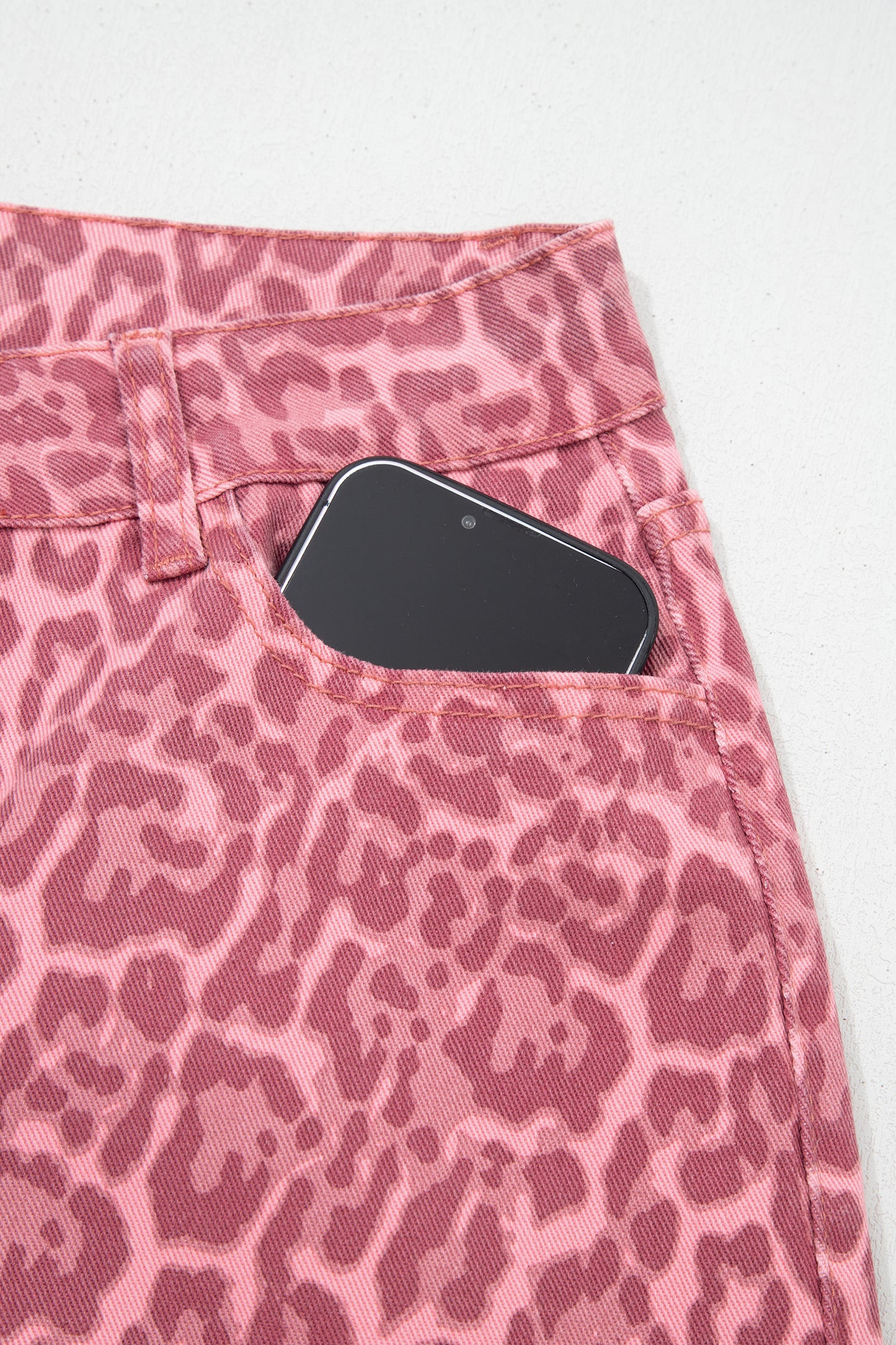 Gray Leopard Frayed Edge Wide Leg High Waist Jeans