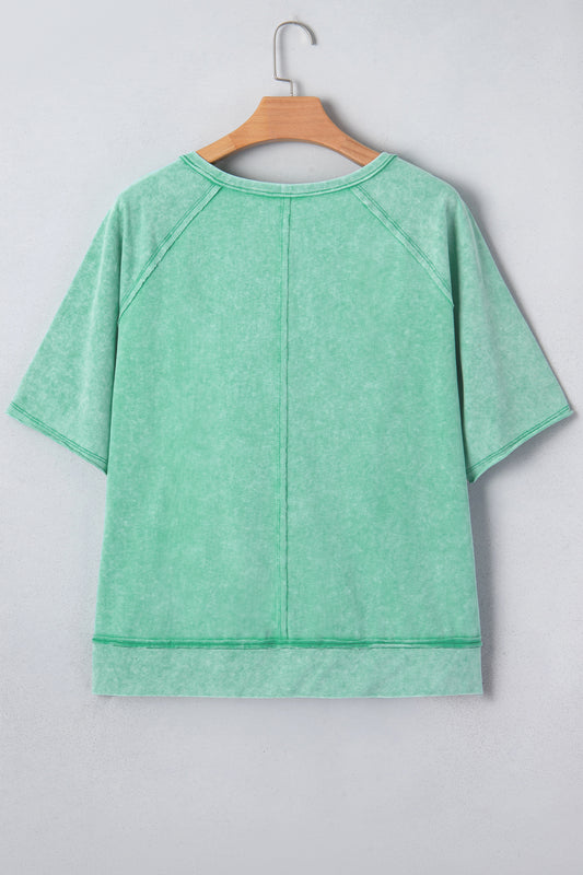 Mint Green Half Buttons Raw Seam Raglan Sleeve Mineral Wash T Shirt