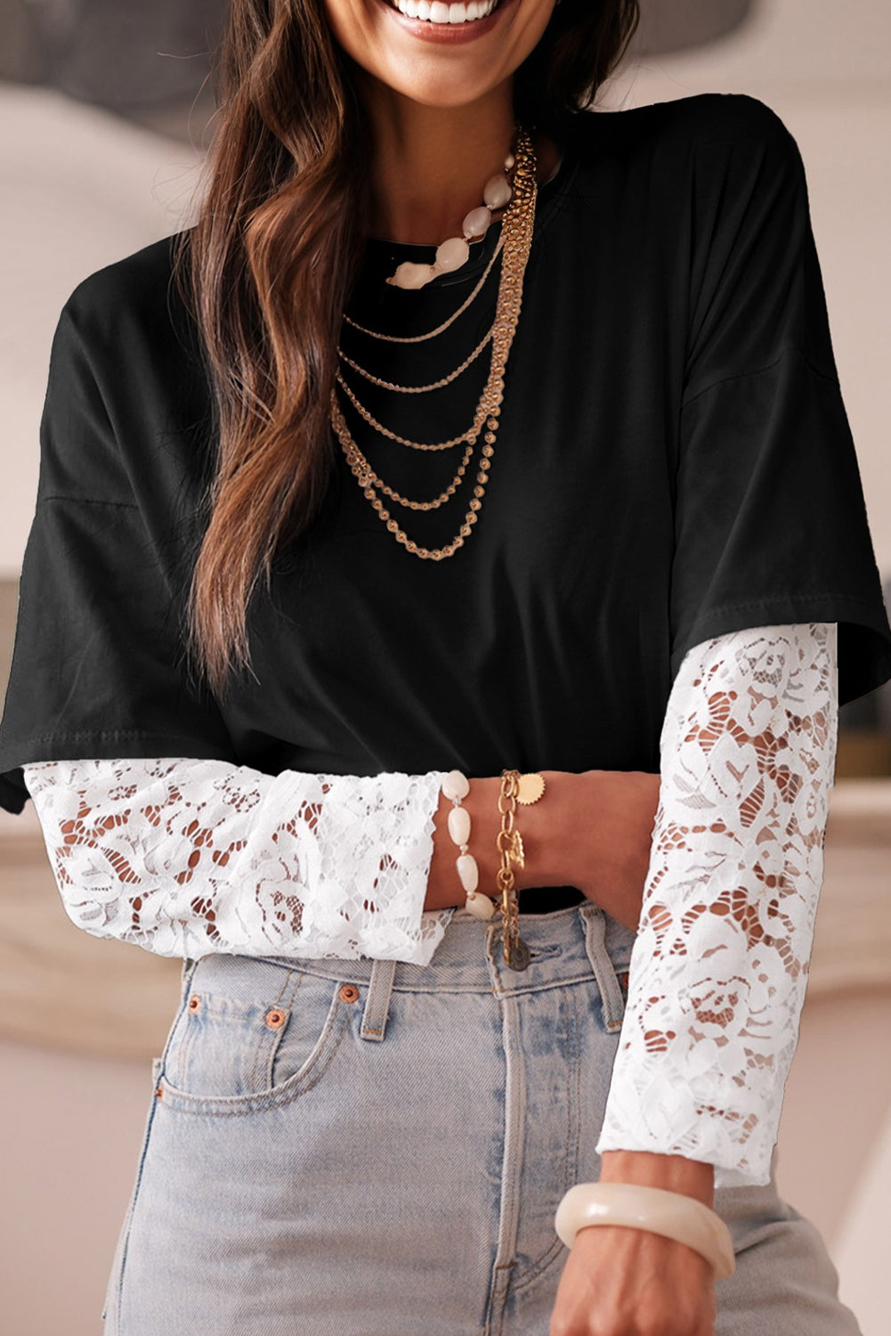 White Lace Long Sleeve Insert Drop Shoulder Tee