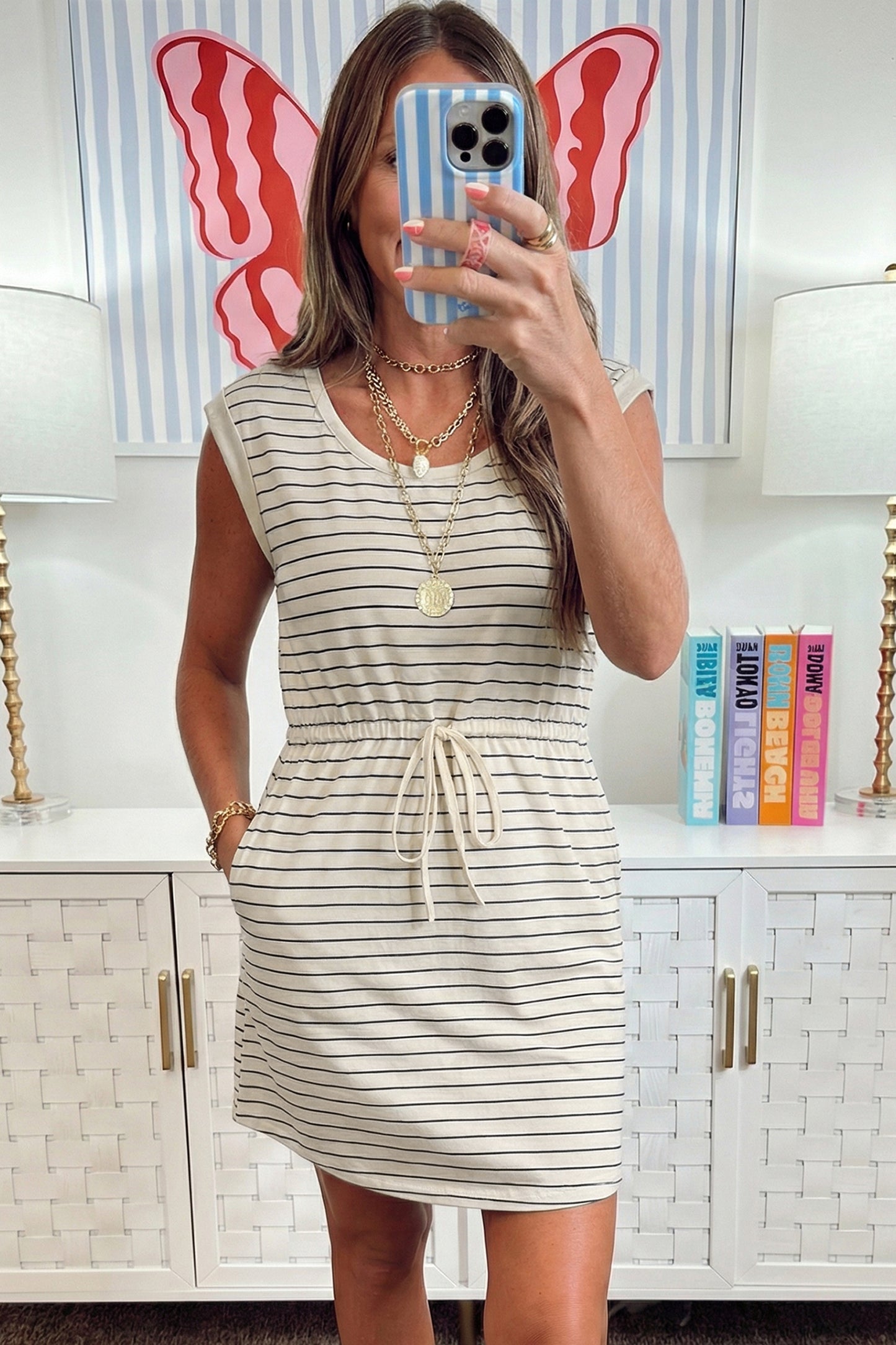 Beige Stripe Drawstring Tunic Tank Mini Dress with Pockets