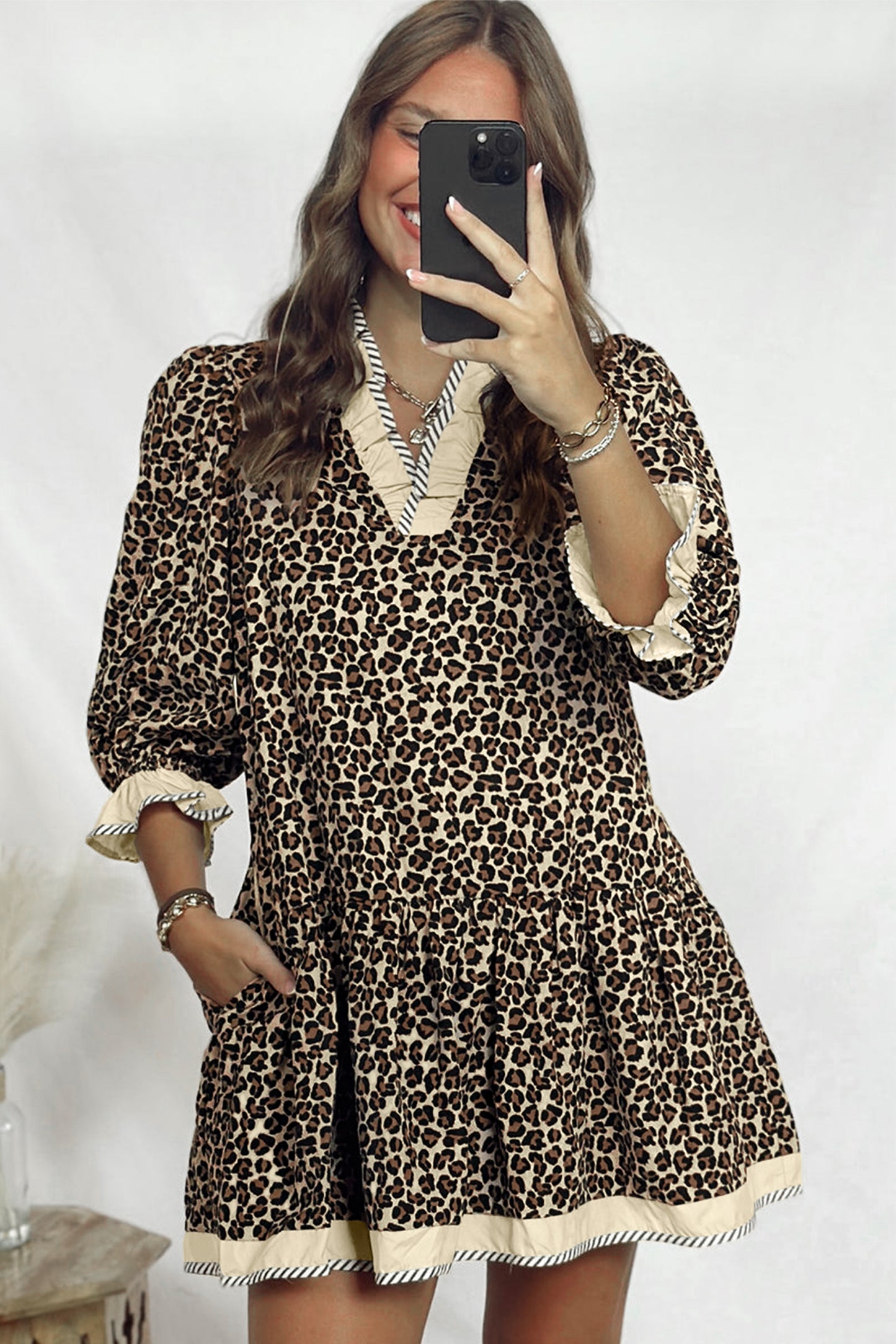 Black Leopard Print Striped Color Block Trim V Neck Bracelet Sleeve Mini Dress