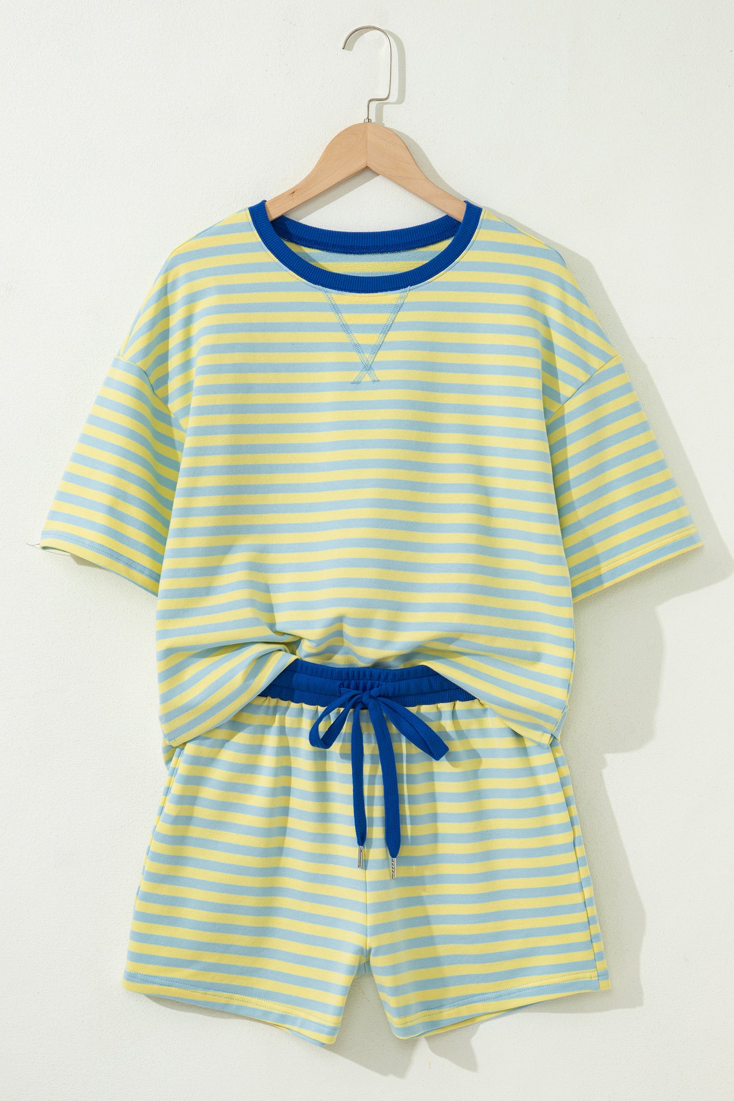 Rose Stripe Drop Shoulder Boxy Casual Terry Short Set