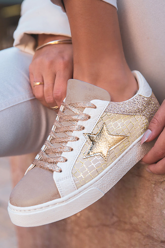 Dearlove Gold Glitter Star Patchwork PU Leather Lace-up Sneakers