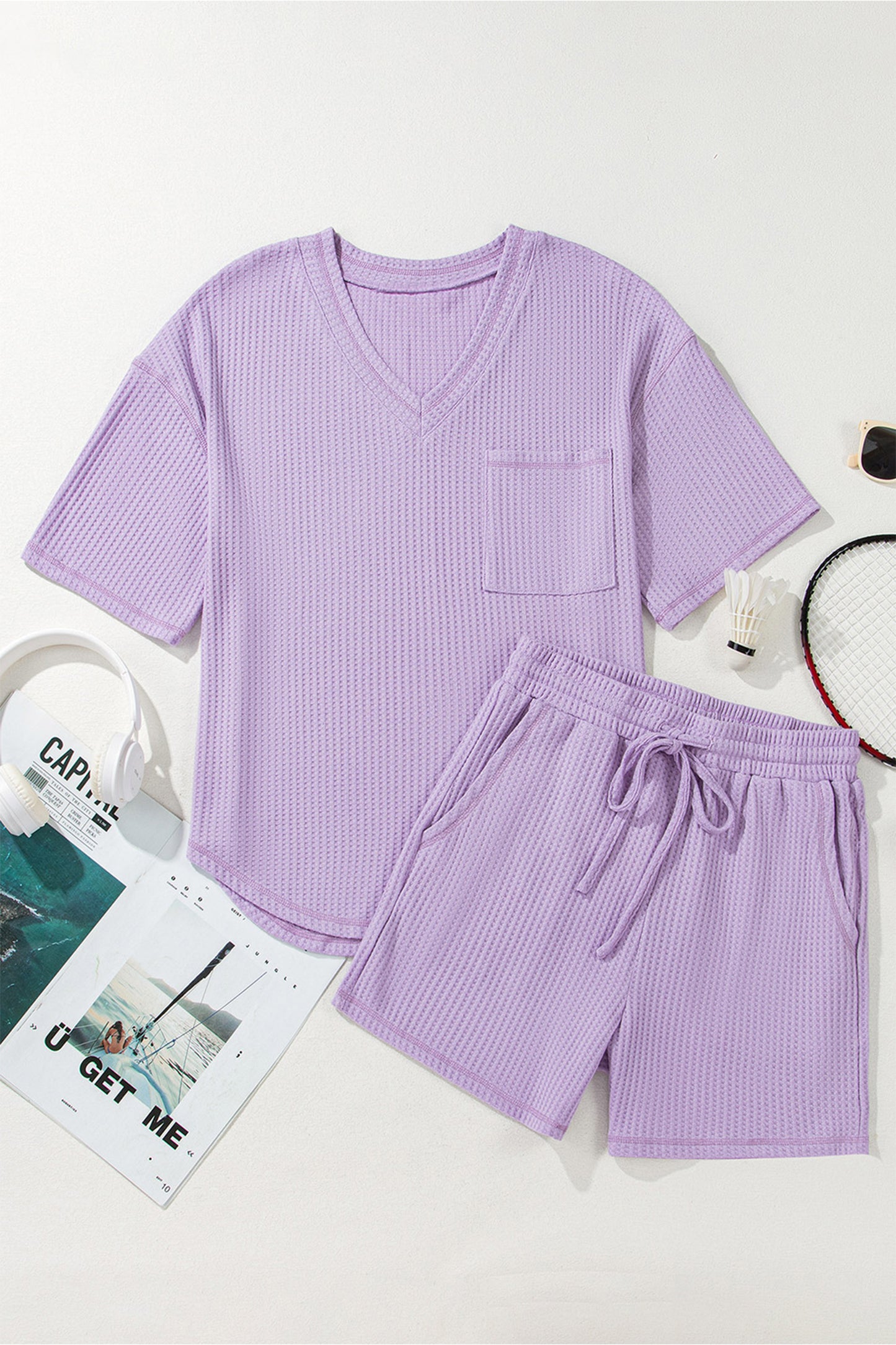 Orchid Petal Solid Color Waffled V Neck Loose Tee Drawstring Shorts Set