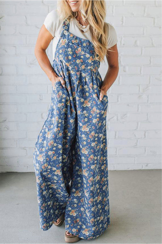 Blue Vintage Rose Printed Pleated Loose Denim Overall Jumpsuit