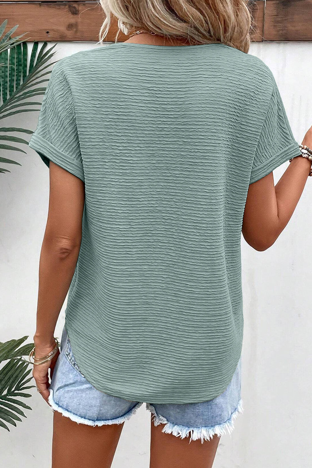 Beau Blue Textured Wide Sleeve V Neck T Shirt