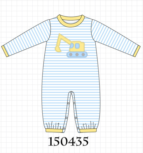Blue Excavator Applique Stripe Romper