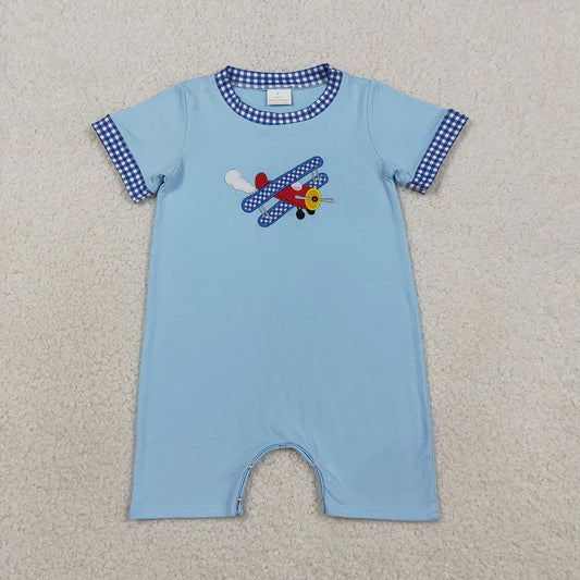 Blue Gingham Airplane Romper