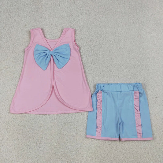 Pink Blue Bow Ruffled Short Set