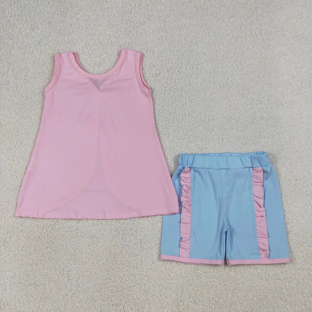 Pink Blue Bow Ruffled Short Set