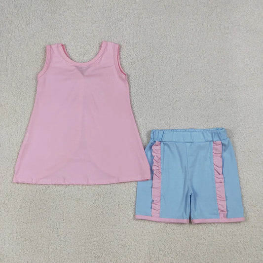 Pink Blue Bow Ruffled Short Set