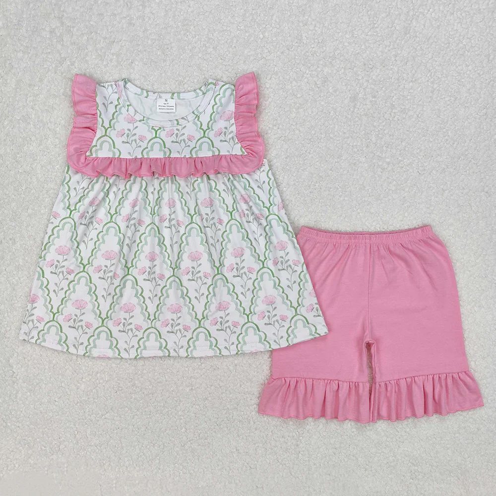 Pink Flower Ruffled Short Set