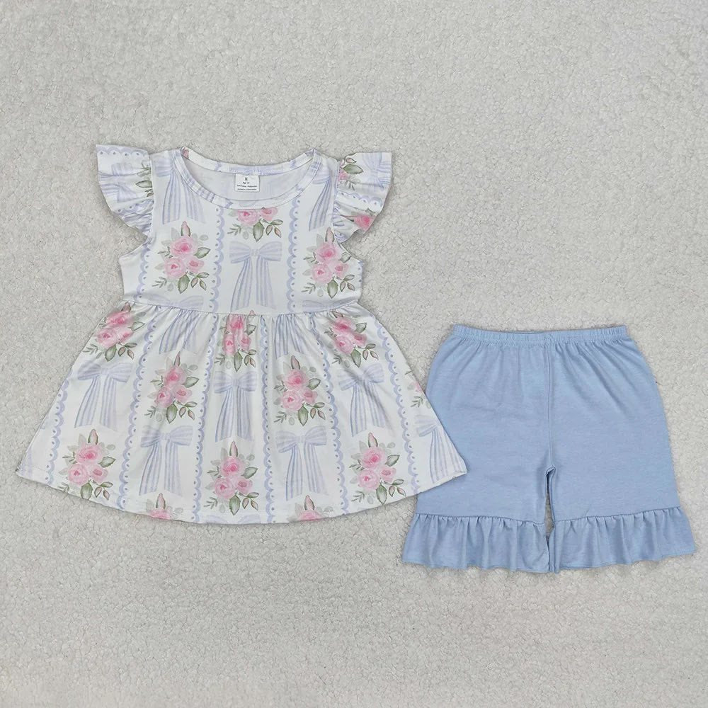 Blue Bow Floral Short Set