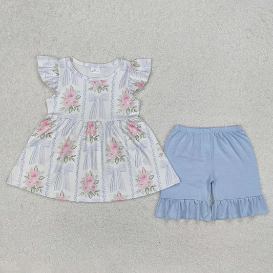 Blue Bow Floral Short Set