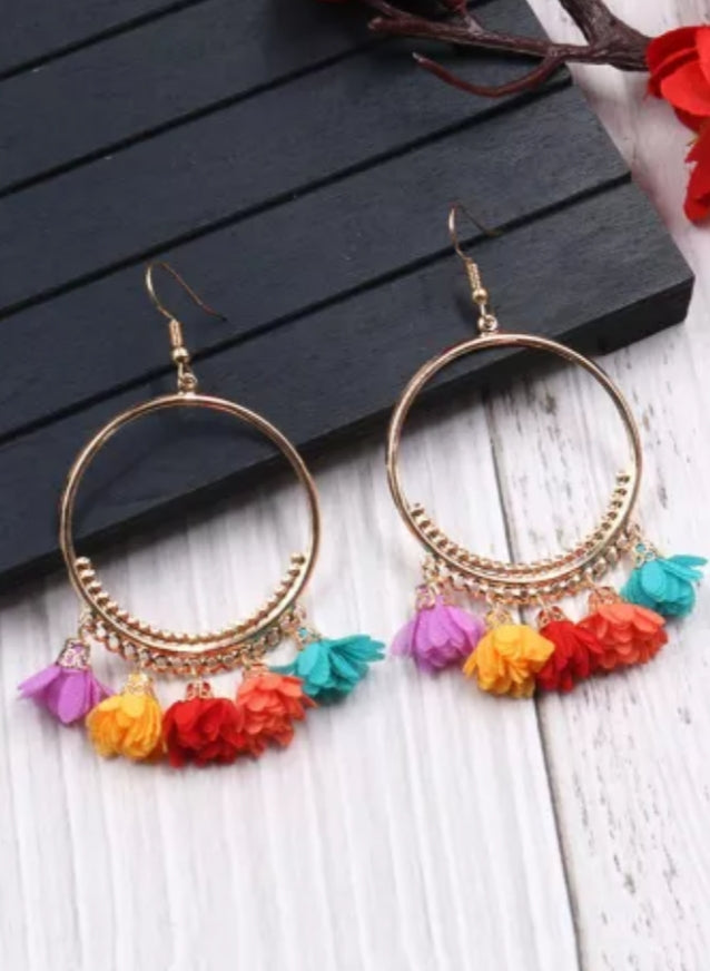 Spring Floral Tassel Gold Hoop Earrings