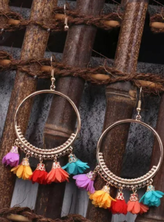 Spring Floral Tassel Gold Hoop Earrings