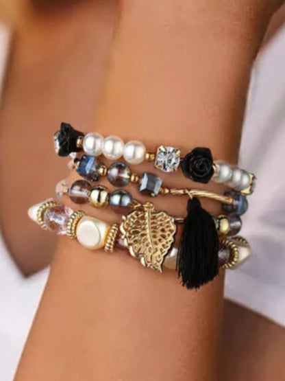 Black & Gold Leaf Tassel Bracelt Set