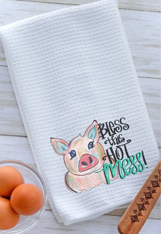 Bless This Hot Mess Pig Waffle Kitchen Towel