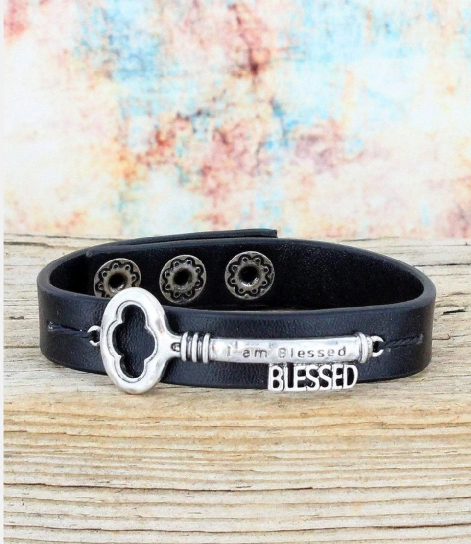 Burnished Silvertone 'Blessed' Key Black Bracelet