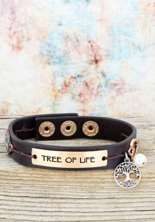 Multi-Tone 'Tree Of Life' Bar with Charms Brown Bracelet