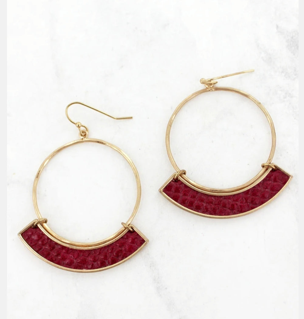 Burgundy Python and Goldtone Crescent Hoop Earrings