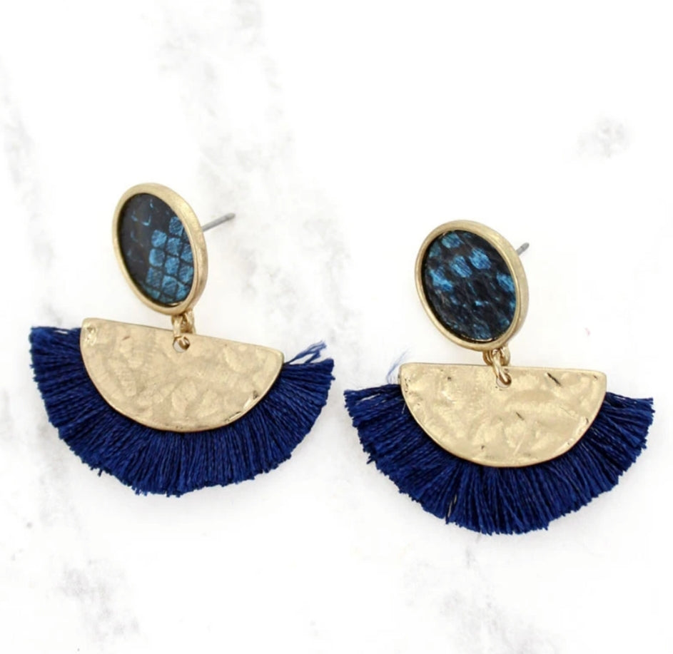 Blue Snakeskin Disk and Navy Fringed Half Moon Earrings