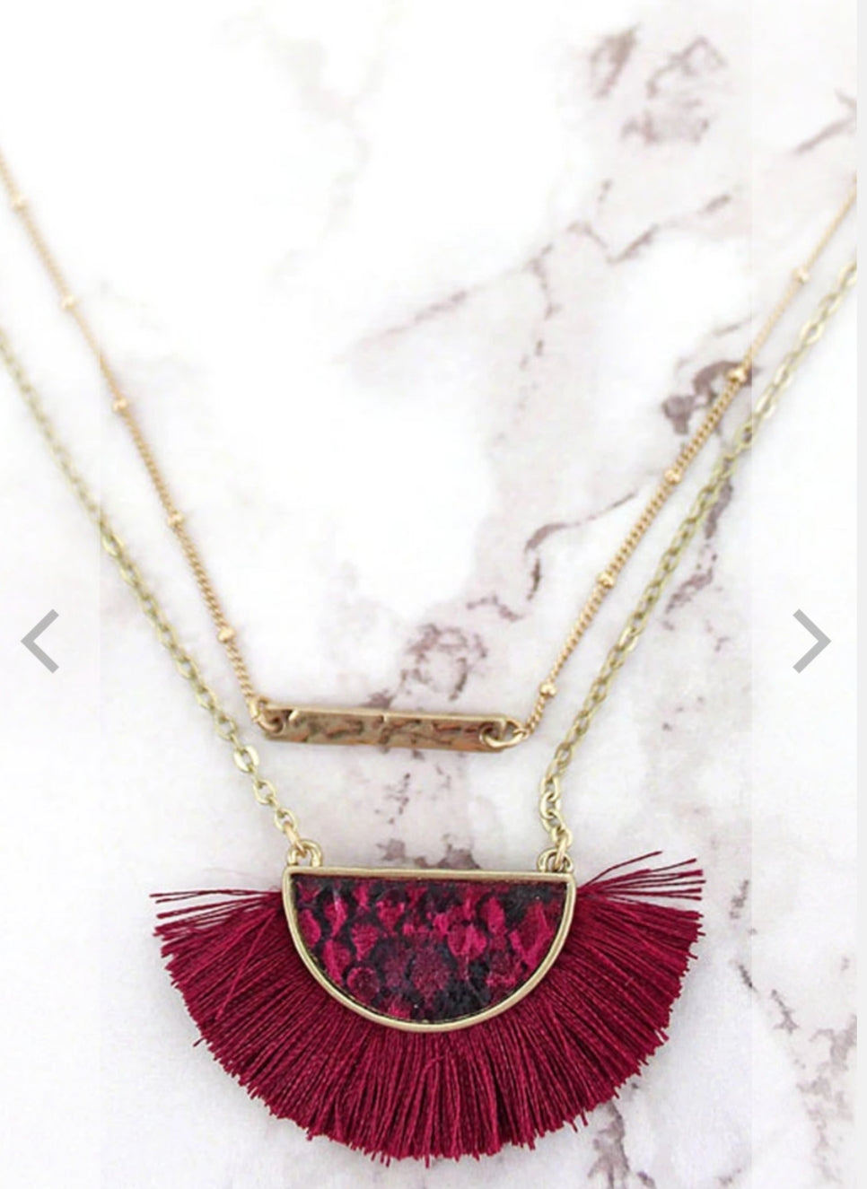 Burgundy Fringed Snakeskin Half Moon Layered Necklace