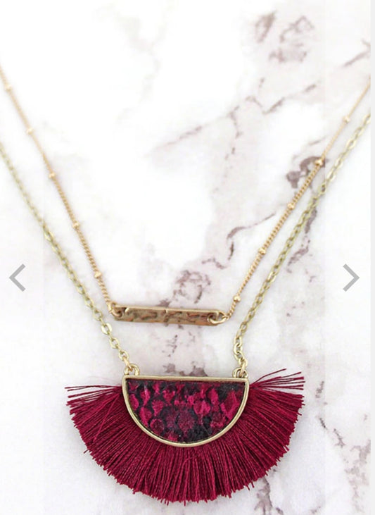 Burgundy Fringed Snakeskin Half Moon Layered Necklace