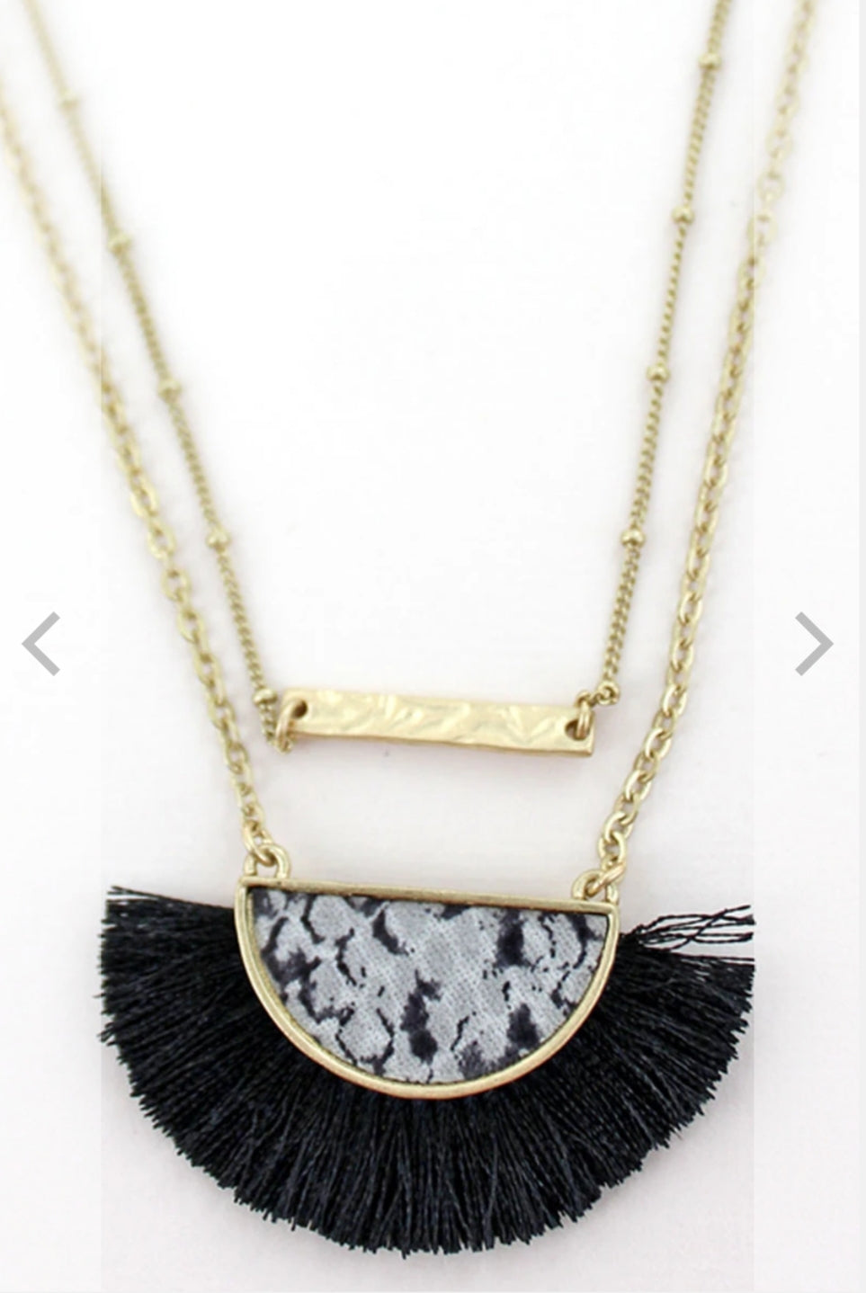 Black Fringed Gray Snakeskin Half Moon Layered Necklace