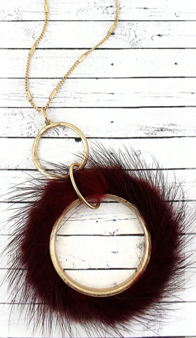 Burgundy Faux Fur Fringed Goldtone Hoop Necklace