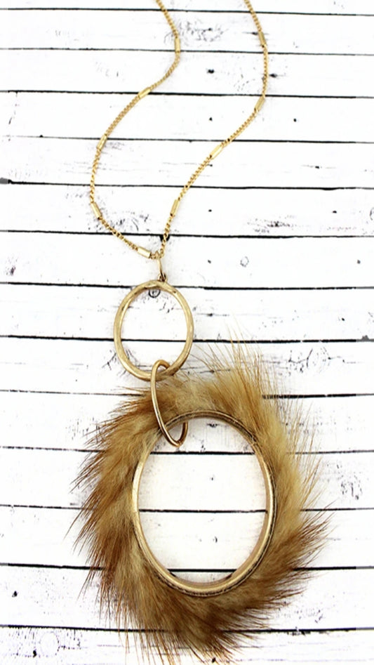 Brown Faux Fur Fringed Goldtone Hoop Necklace