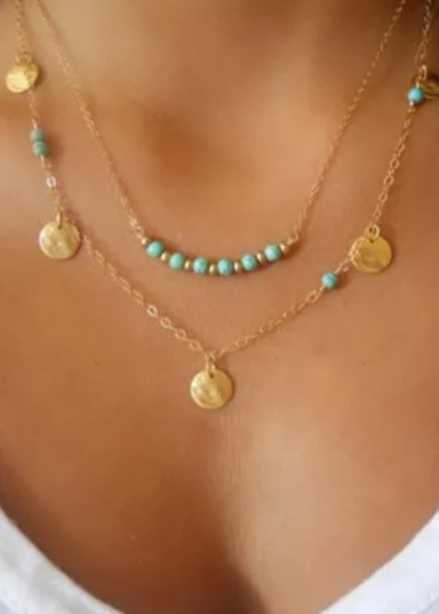 Layered Turquoise Bead and Gold Disc Necklace