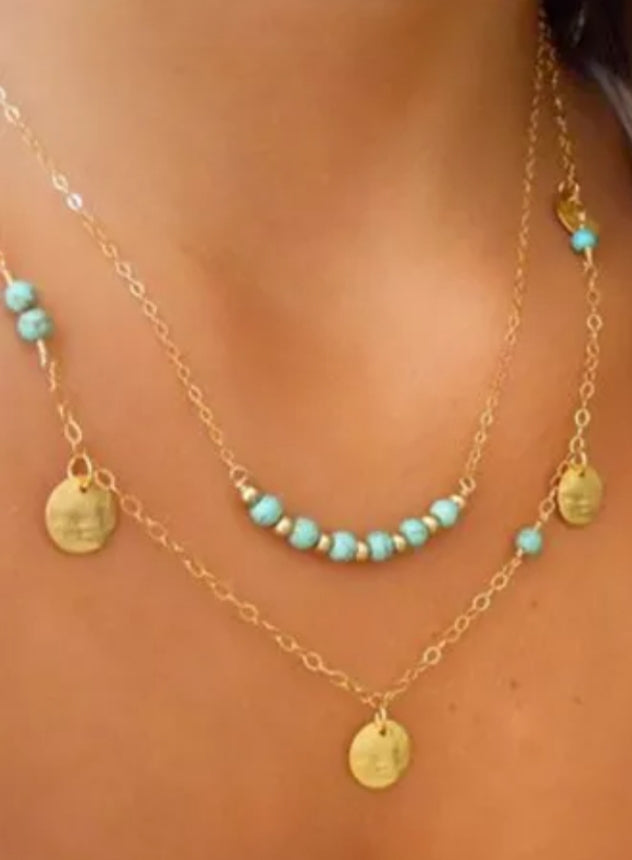 Layered Turquoise Bead and Gold Disc Necklace