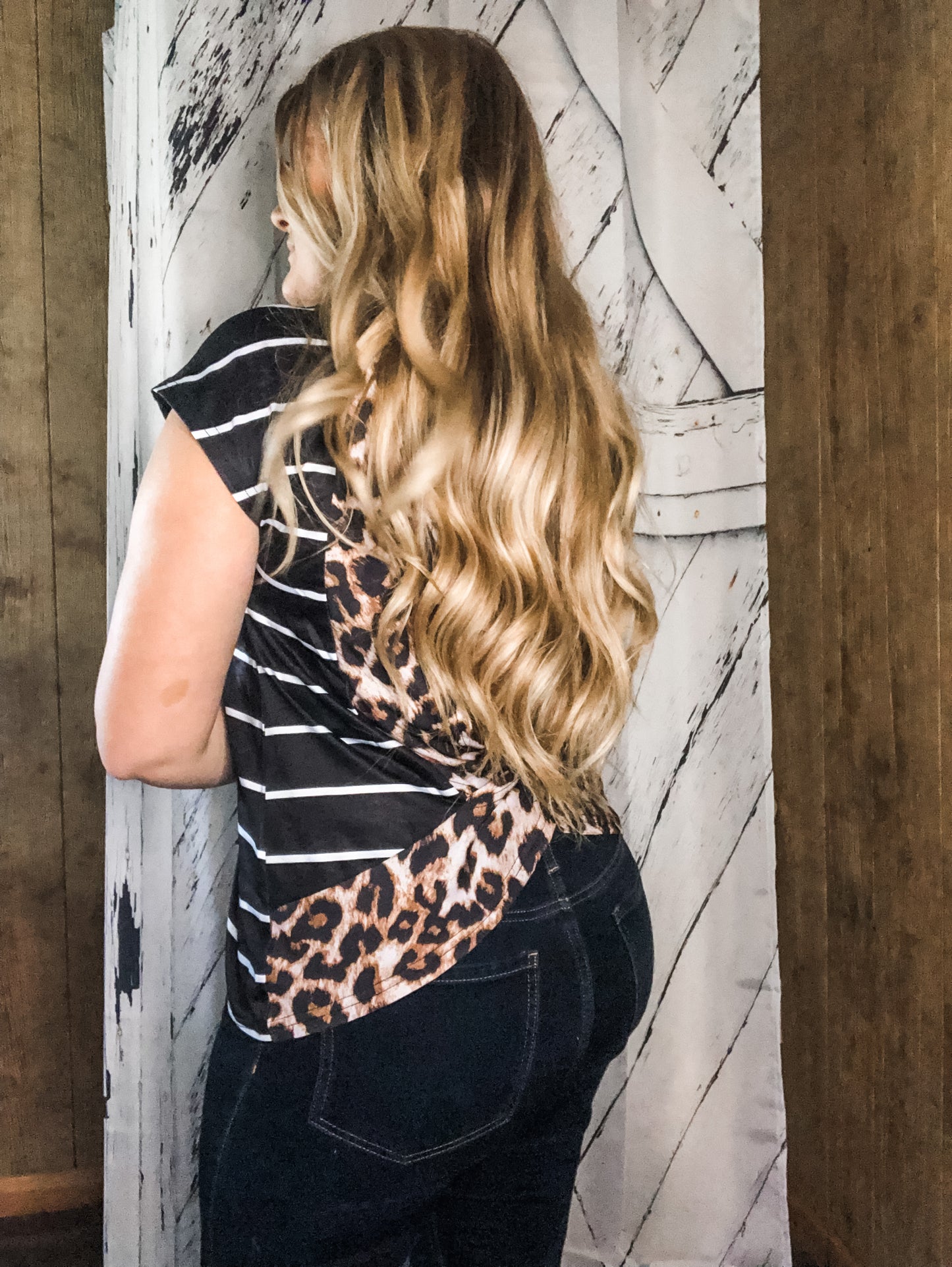 Stripe Leopard Printed Open Back Top