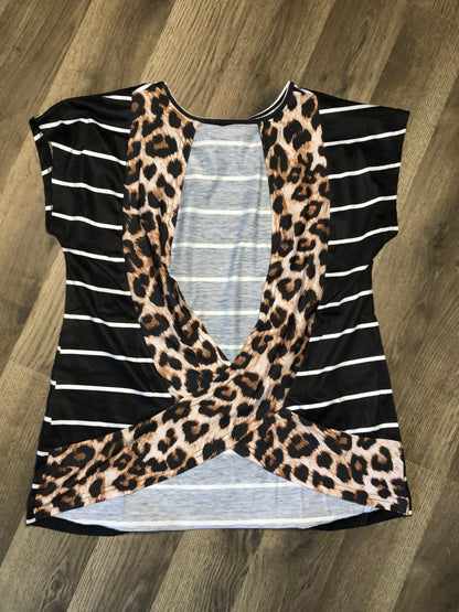 Stripe Leopard Printed Open Back Top